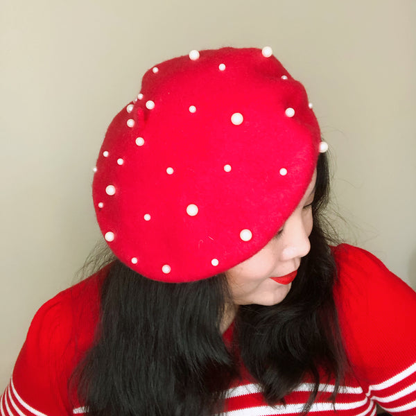 Red White Pearls Wool Beret
