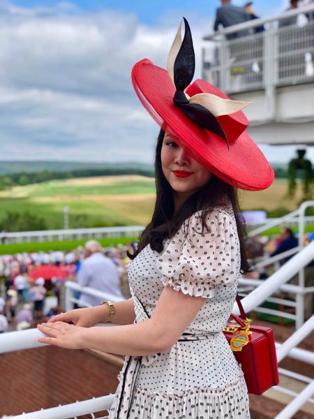 Evelyn Red Parasisal Saucer Hat with Black and White Bow