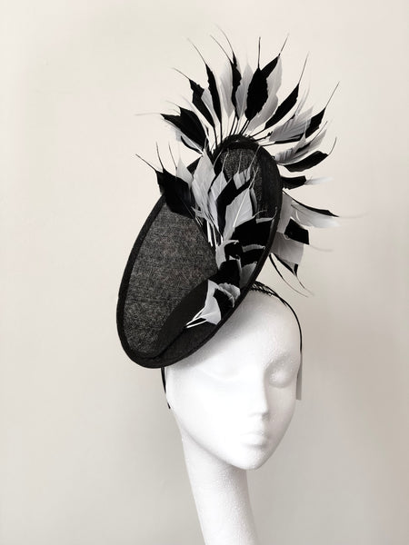 Edwina Black White Feathers Fascinator