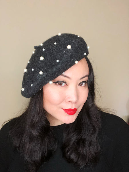 Red White Pearls Wool Beret