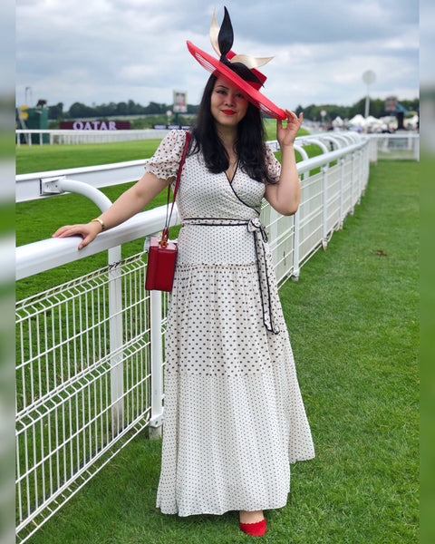 Evelyn Red Parasisal Saucer Hat with Black and White Bow