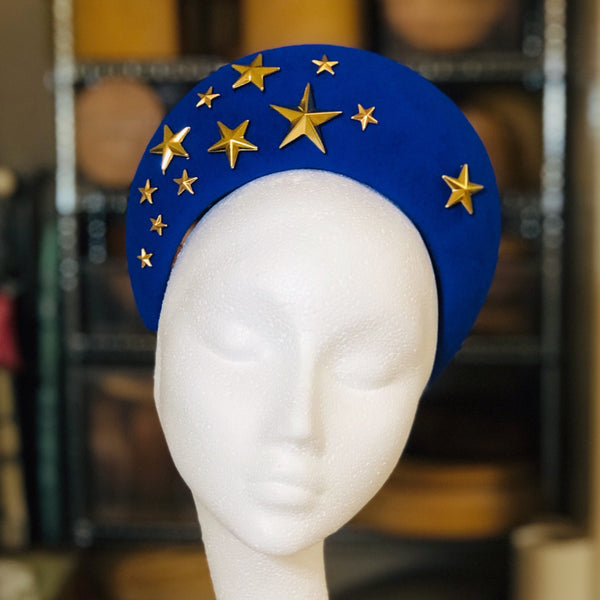 Brexit Halo Crown In Electric Blue Fur Felt and Gold Stars