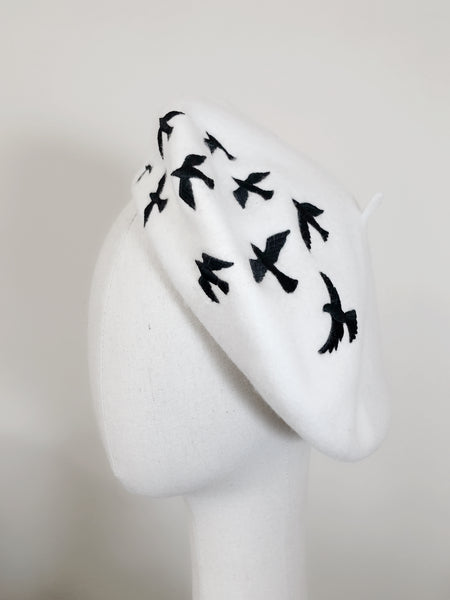 Black White Birds Wool Beret