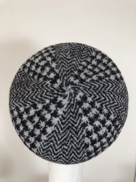 Black Grey Houndstooth Herringbone Wool Beret