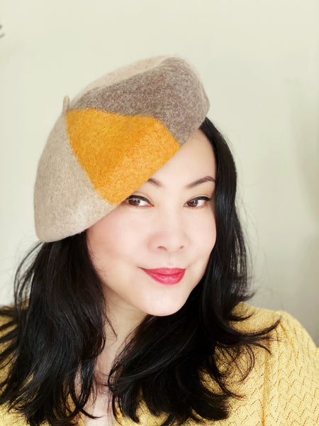 Mustard Yellow and Latte Wool Beret