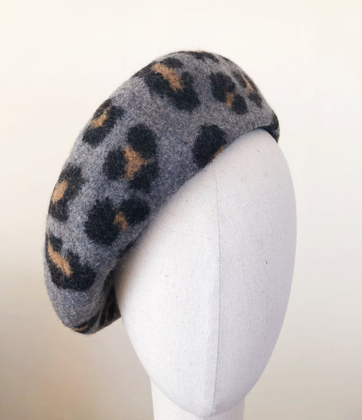 Leopard Wool Beret Grey