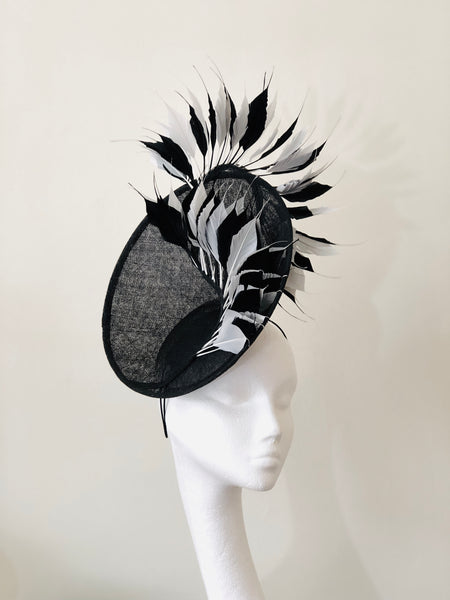 Edwina Black White Feathers Fascinator
