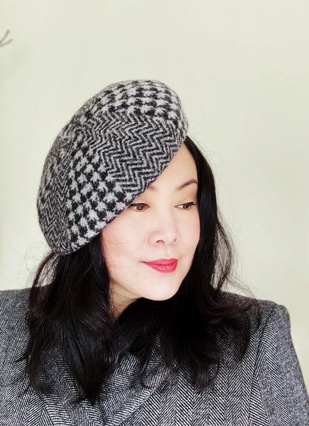 Black Grey Houndstooth Herringbone Wool Beret
