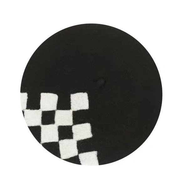 Yuan Li London Millinery Black White Chess board Hand felted wool beret