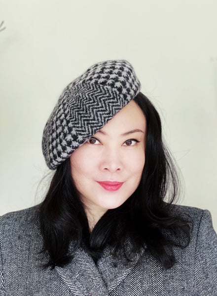 Black Grey Houndstooth Herringbone Wool Beret