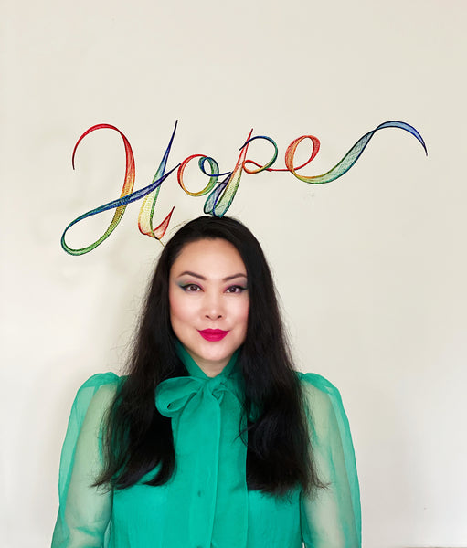 Rainbow HOPE Hand Rolled Sinamay Slogan Headband