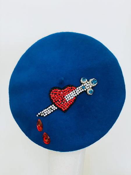 Red Heart & Dagger Beaded Teal Blue Wool Beret