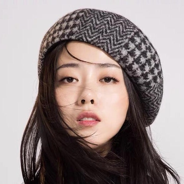 Yuan Li London Millinery Black Grey Houndstooth Herringbone wool beret
