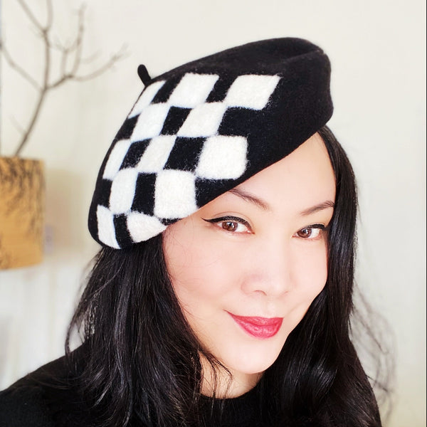 Yuan Li London Millinery Black White Chess board Hand felted wool beret