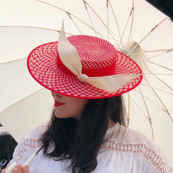 Marina Red White Boater Sunmer Straw Hat with Bow