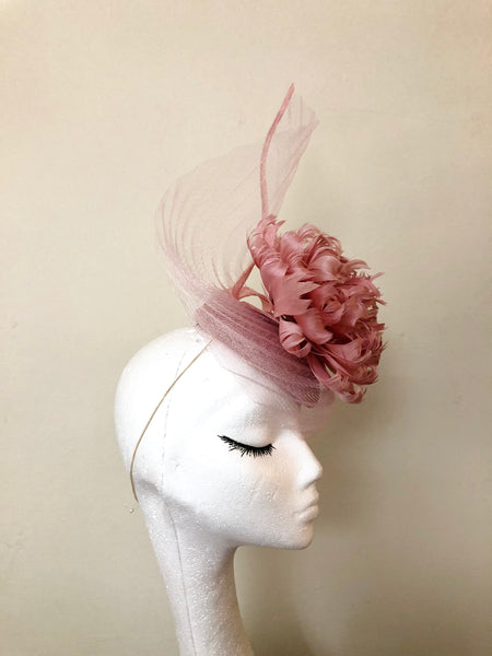 Heather Dusky Pink Feather Peony Fascinator