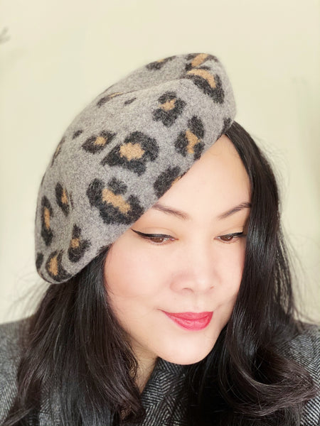 Leopard Wool Beret Grey