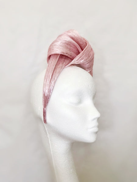 Pale Pink Silver Metallic Silk Abaca Turban Headband