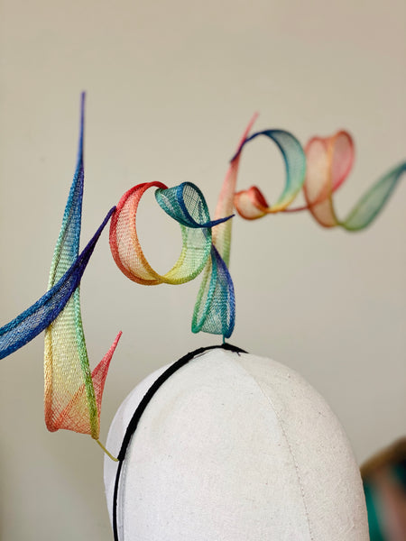 Rainbow HOPE Hand Rolled Sinamay Slogan Headband