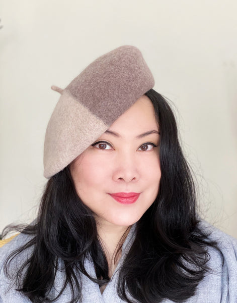 2 Shades of Latte Colour Blocking Wool Beret