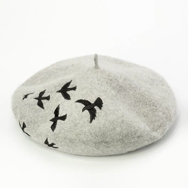 Grey Black Birds Wool Beret
