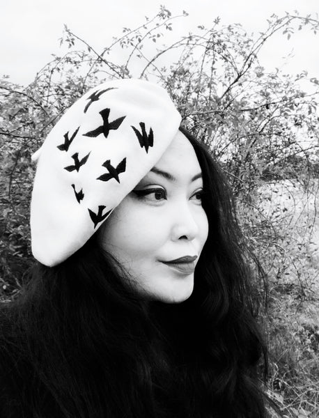 Grey Black Birds Wool Beret