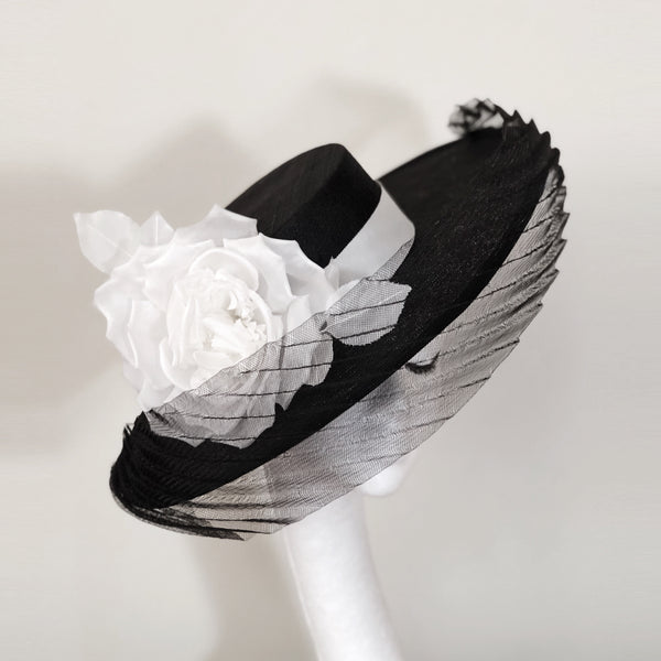 Audrey Black White Silk Flower Boater Hat