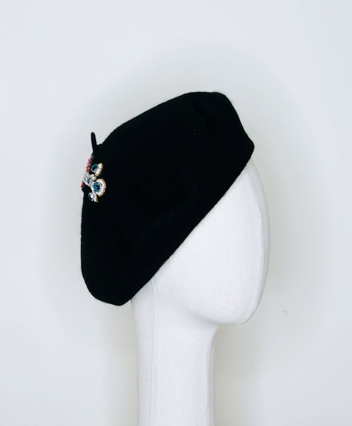 Red Heart & Dagger Beaded Black Wool Beret