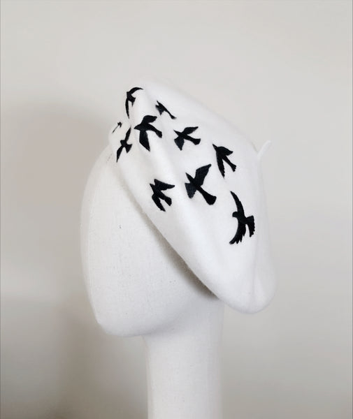White Black Birds Wool Beret
