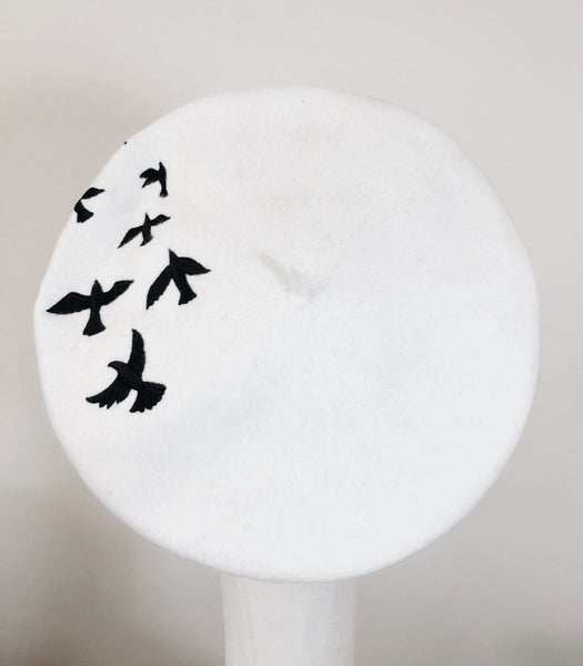 Black White Birds Wool Beret