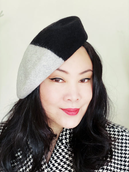 Yuan Li London Millinery Black Grey Colour blocking wool beret