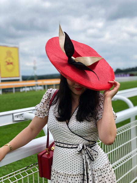 Evelyn Red Parasisal Saucer Hat with Black and White Bow