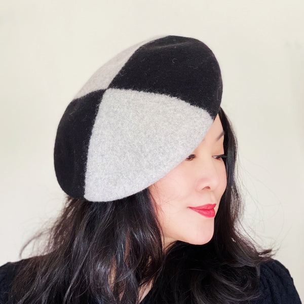 Yuan Li London Millinery Black Grey Colour blocking wool beret