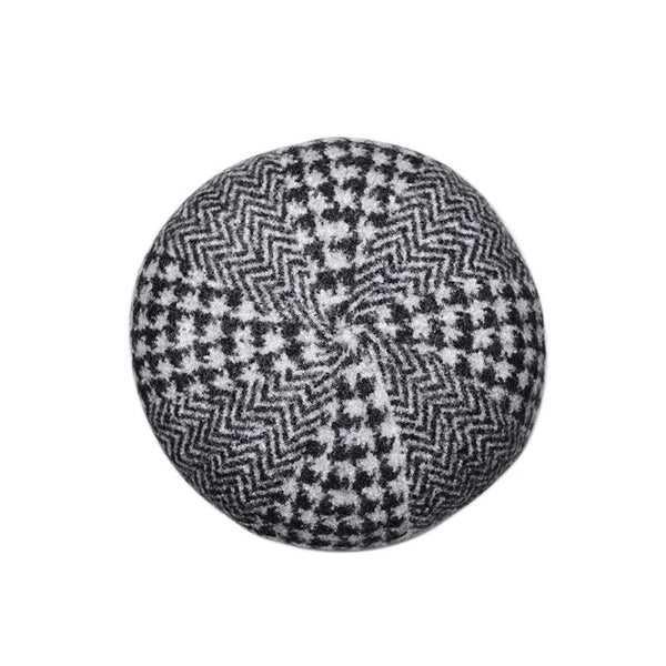 Black Grey Houndstooth Herringbone Wool Beret