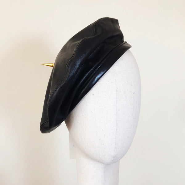 Grace Black Leather Beret Gold Spike