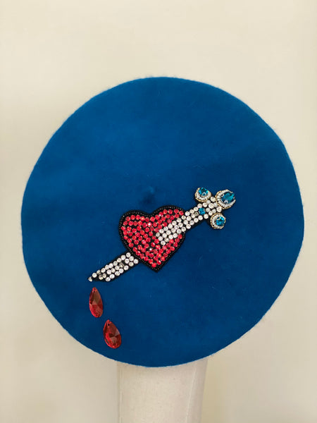 Red Heart & Dagger Beaded Black Wool Beret