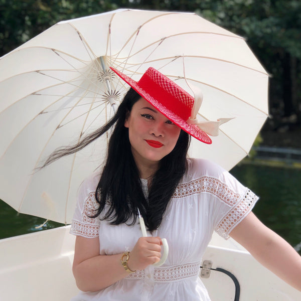 Marina Red White Boater Sunmer Straw Hat with Bow