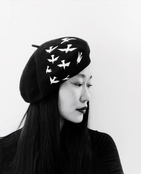 Grey Black Birds Wool Beret