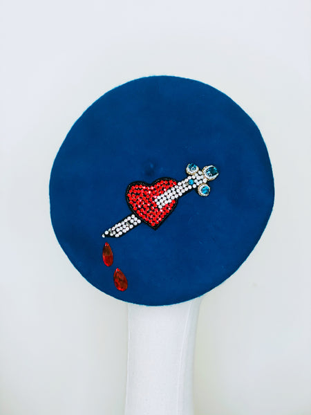 Red Heart & Dagger Beaded Teal Blue Wool Beret