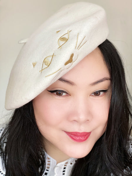 Kitty Cat White Wool Beret
