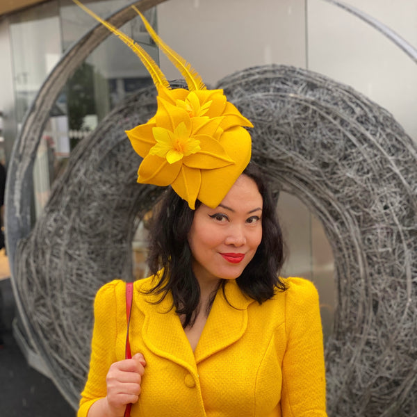 Cheltenham race yellow daffodils flowers hat fascinator spring races wedding yuanlilondon millinery