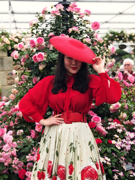 Renee Red Buntal Saucer Hat with Veil