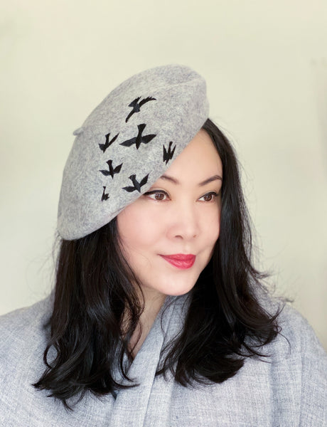 Grey Black Birds Wool Beret