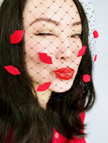 kiss red lips black birdcage veil bridal party hat fascinator yuanlilondon millinery