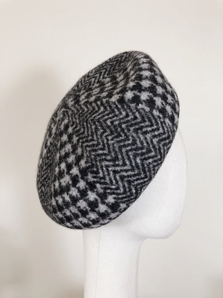 Black Grey Houndstooth Herringbone Wool Beret