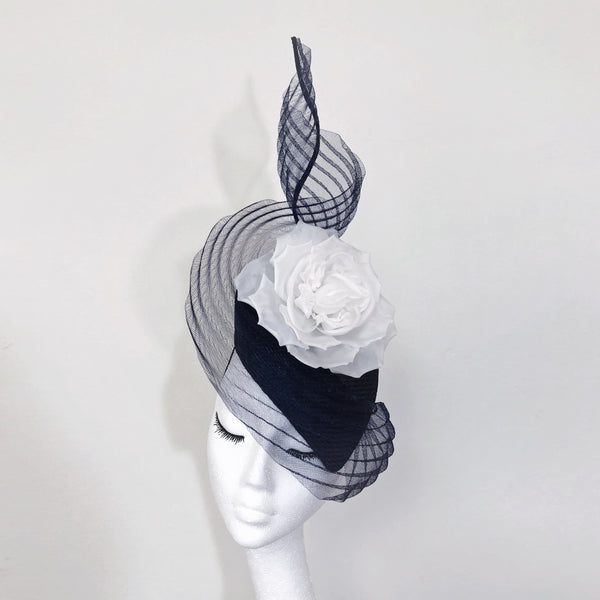 Sophie Navy White Silk Flower Veiled Hat