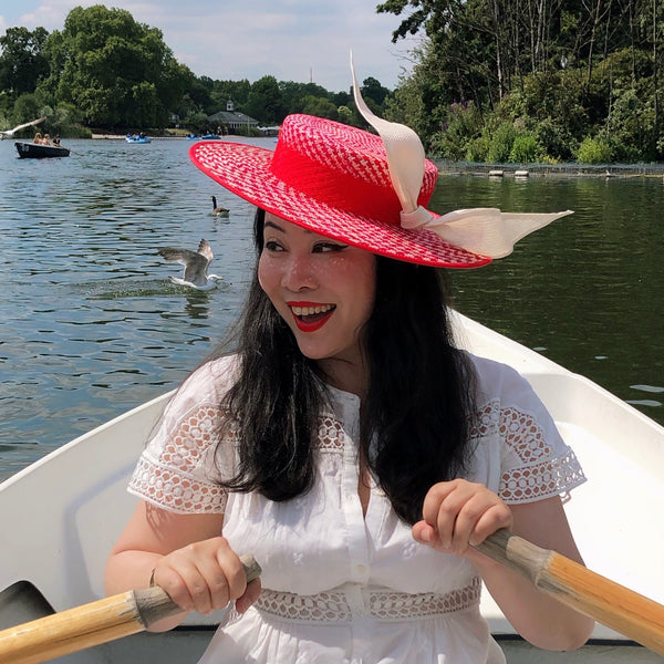 Marina Red White Boater Sunmer Straw Hat with Bow