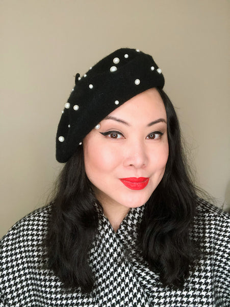 Red White Pearls Wool Beret