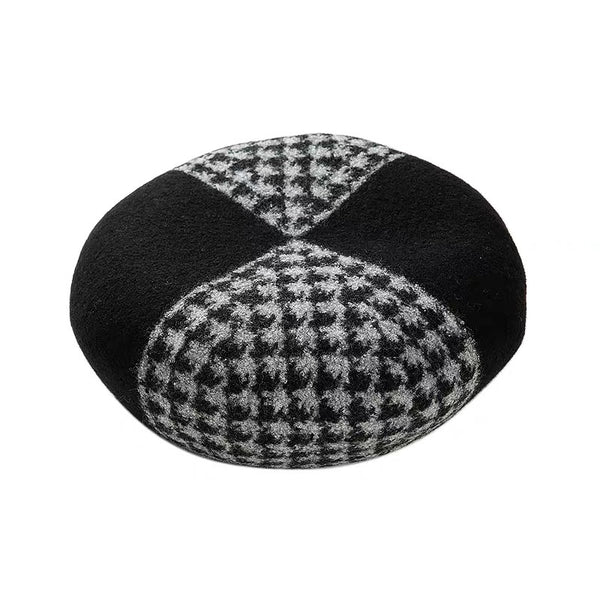 Black Grey Houndstooth Colour Blocking Wool Beret