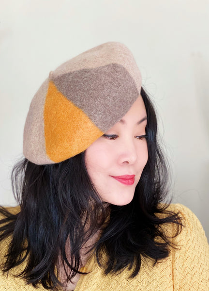 Mustard Yellow and Latte Wool Beret